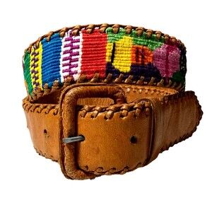 Vintage Mayan Cotton Multicolor Brown Tan Leather Belt Handmade Womens Size S 28